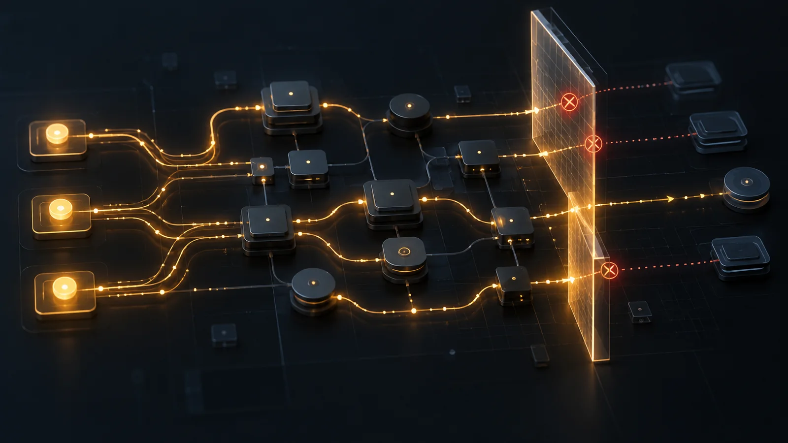 Conceptual diagram of amber task paths crossing dark modules toward a glowing security boundary, with several routes visibly stopped.