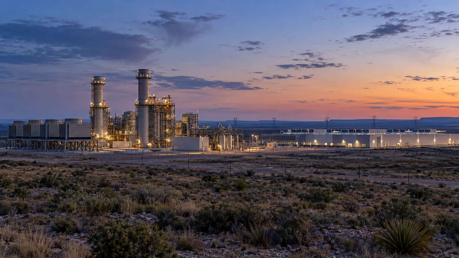 Conceptual view of an unbranded power facility beside a data-center building in an arid West Texas landscape.