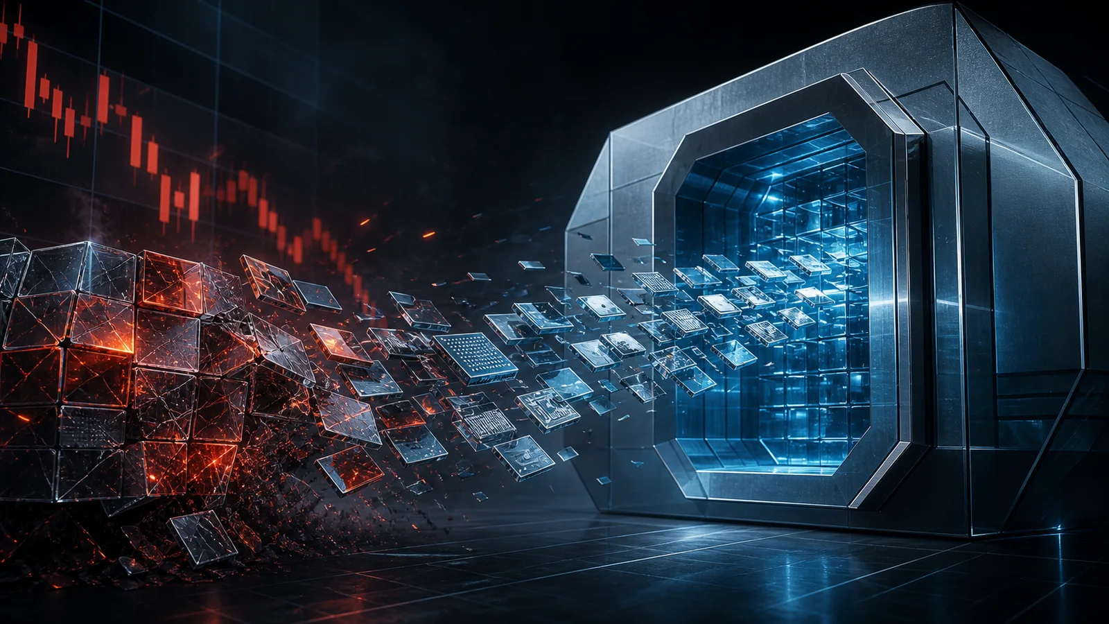Glowing semiconductor-like tiles stream from a fractured portfolio structure into a large blue vault as a market chart falls behind them.