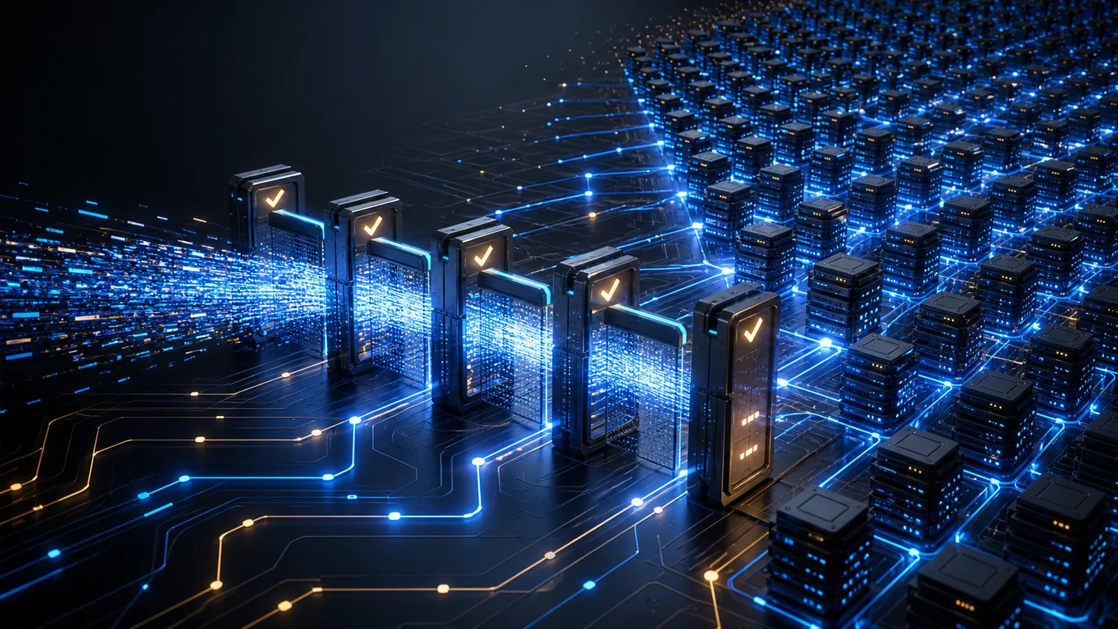 Abstract streams of code-like light passing through validation gates into a large field of compute nodes.