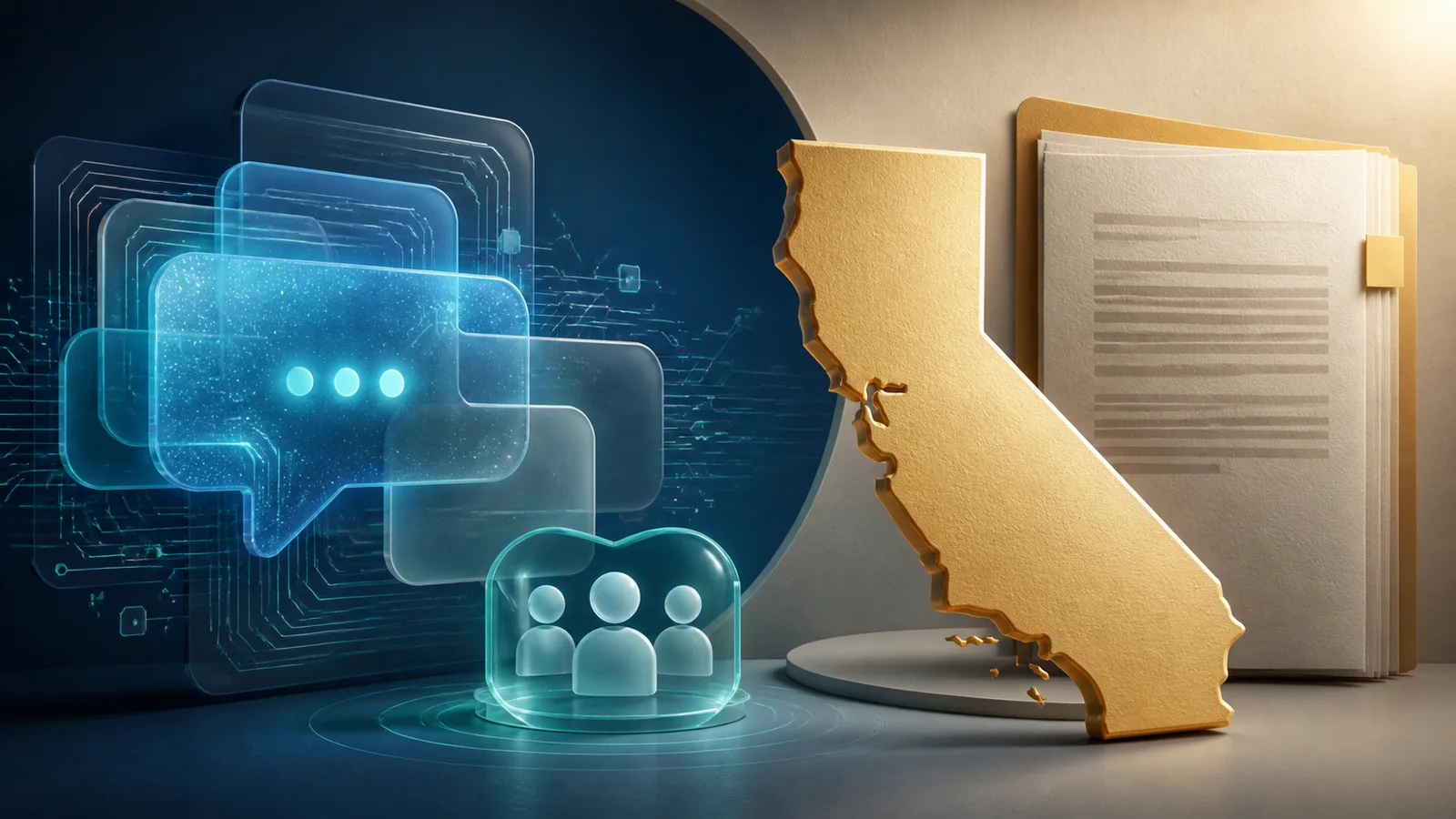 Illustration of translucent AI chat bubbles and child-user figures beside a gold map of California and a stack of policy documents.