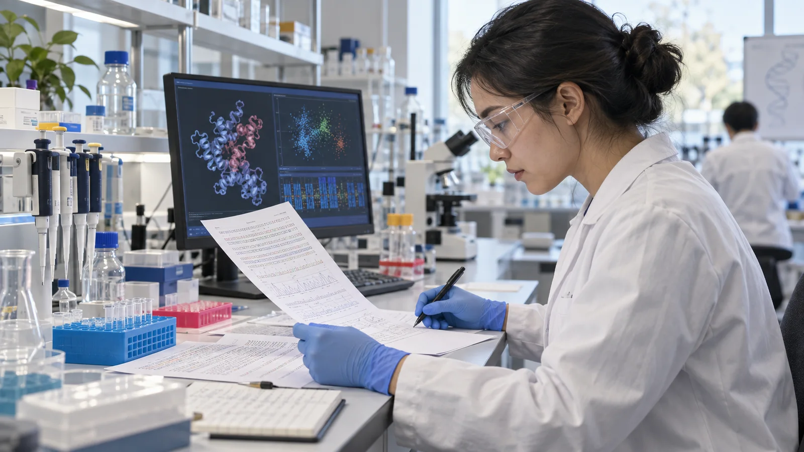 Conceptual illustration of a human scientist reviewing molecular-analysis data at a biology laboratory bench.