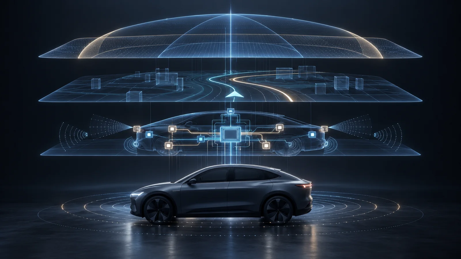 An unbranded sedan beneath translucent layers showing abstract sensors, computing and route patterns.