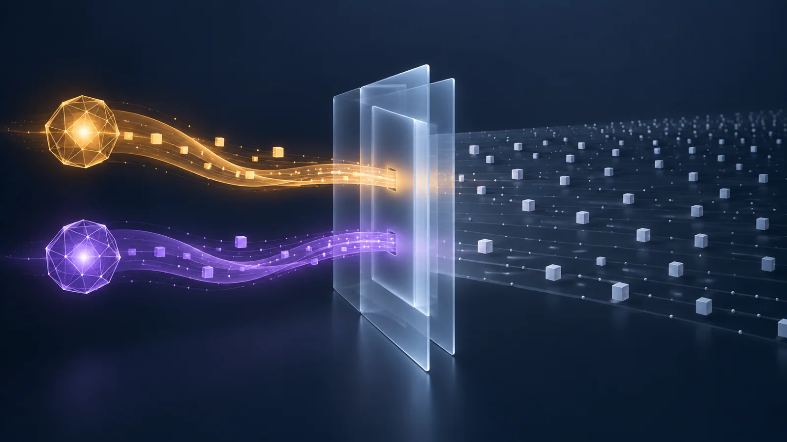 Conceptual illustration of two amber and violet data paths passing through a translucent governed boundary into an ordered field of data points.