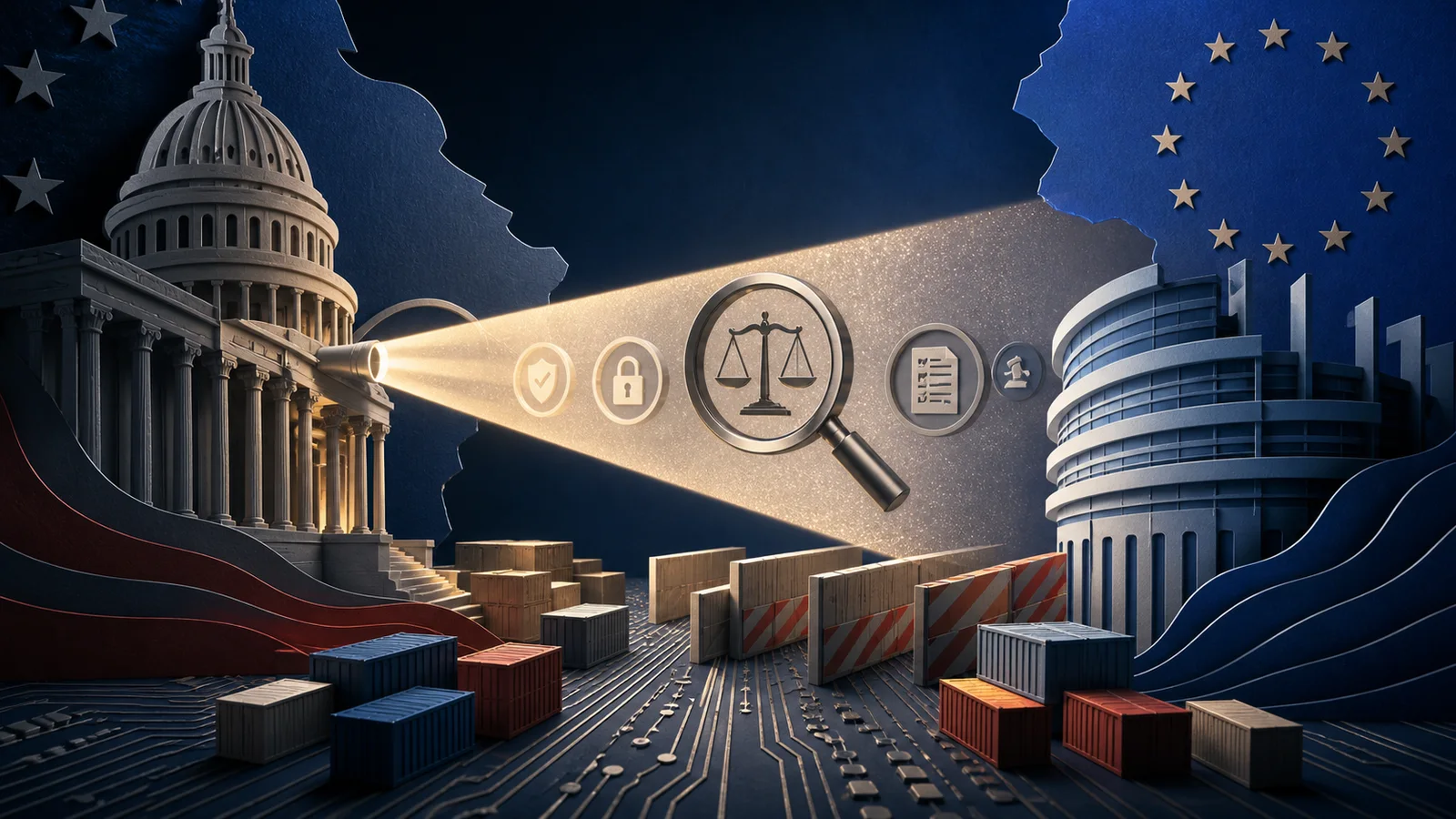 Illustration of US and European institutional buildings facing each other across cargo containers and circuit-board trade barriers under an inspection beam.