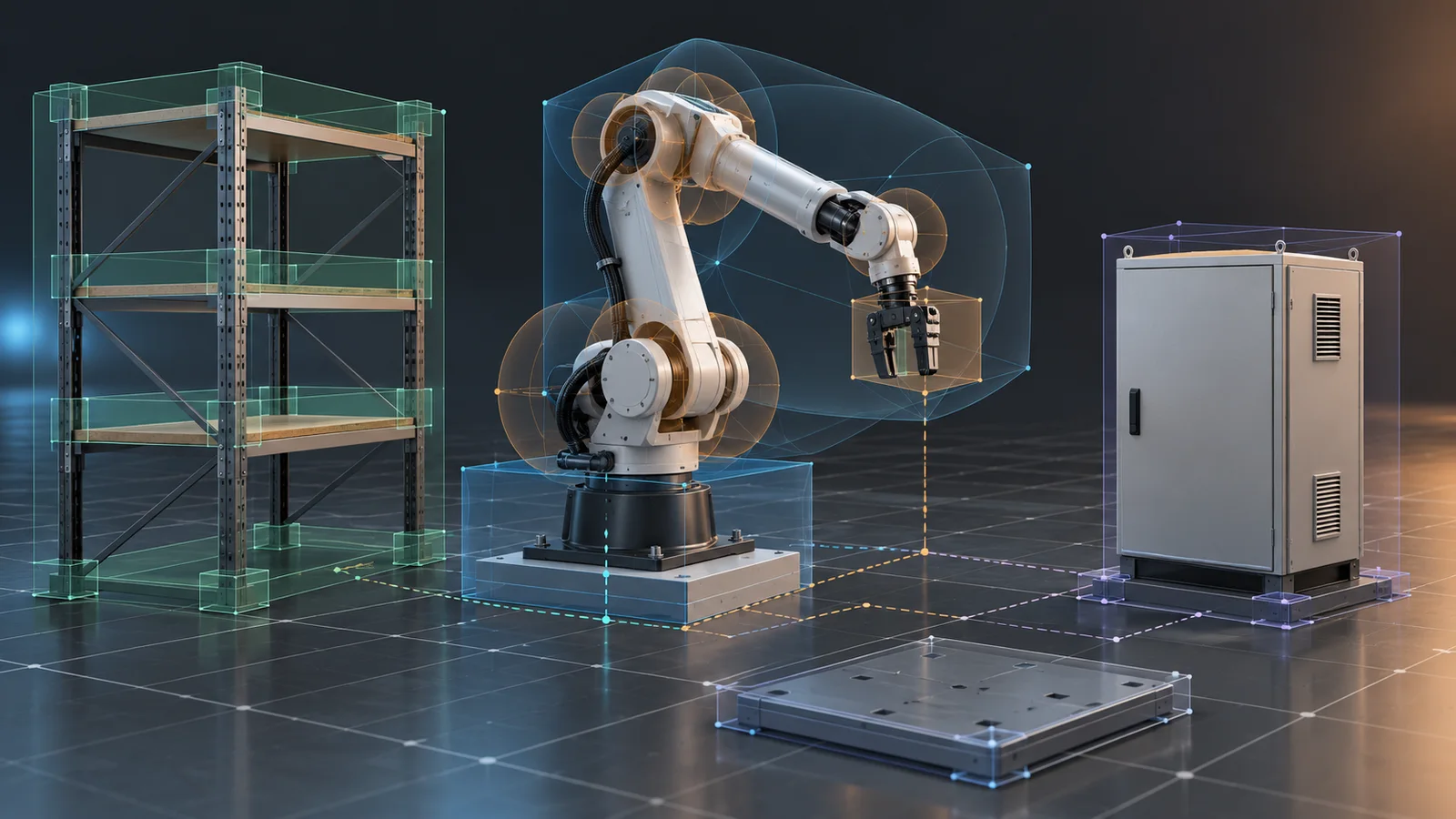 Conceptual 3D illustration of a generic industrial robot arm beside warehouse shelving and an equipment cabinet, with translucent collision volumes and non-textual connection overlays.