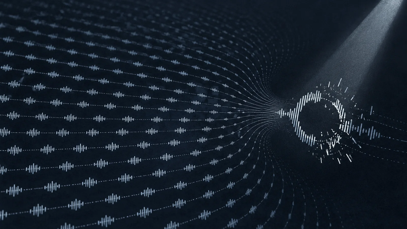 Abstract white audio waveform rows bend toward a broken circular stream pattern on a deep navy background.