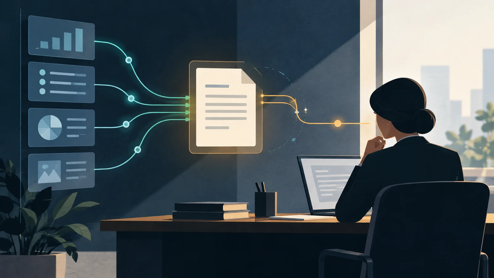 Editorial illustration of a contract moving from business-data panels through an AI-assisted workflow to an attorney reviewing it at a desk.