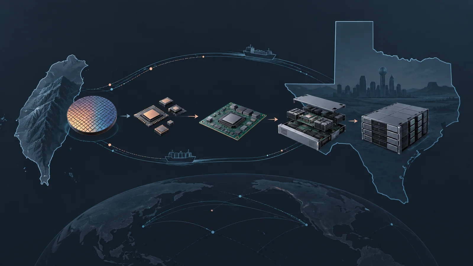 Conceptual illustration of a Taiwan-to-Texas AI hardware supply chain, with unbranded chips, circuit boards and server hardware.
