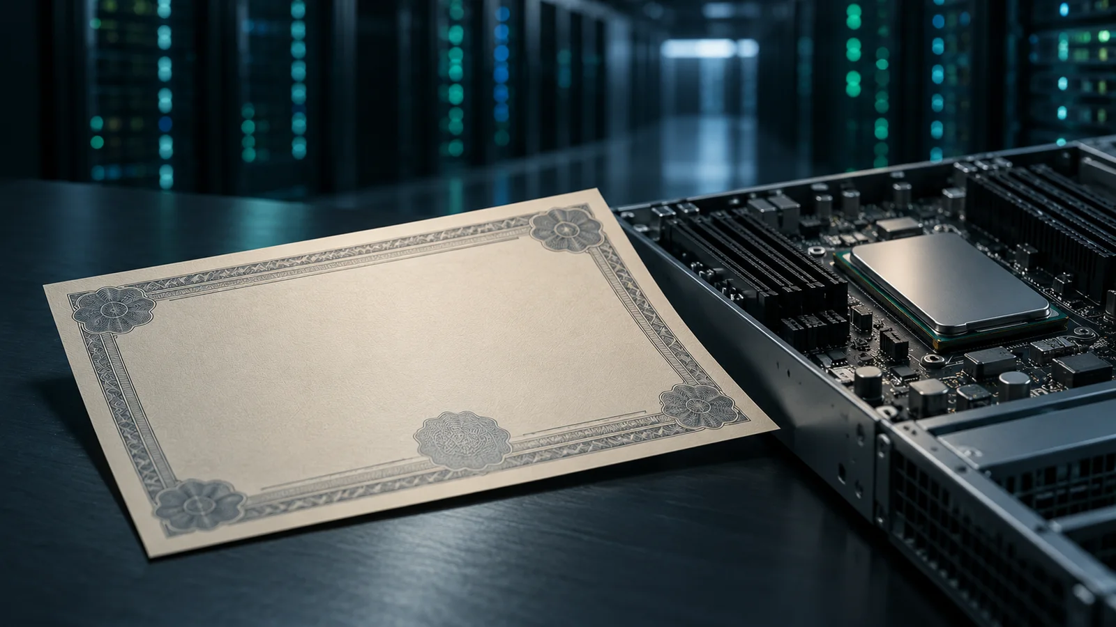 A blank decorative note certificate beside a generic server board and computing chip in a dark data-center setting.