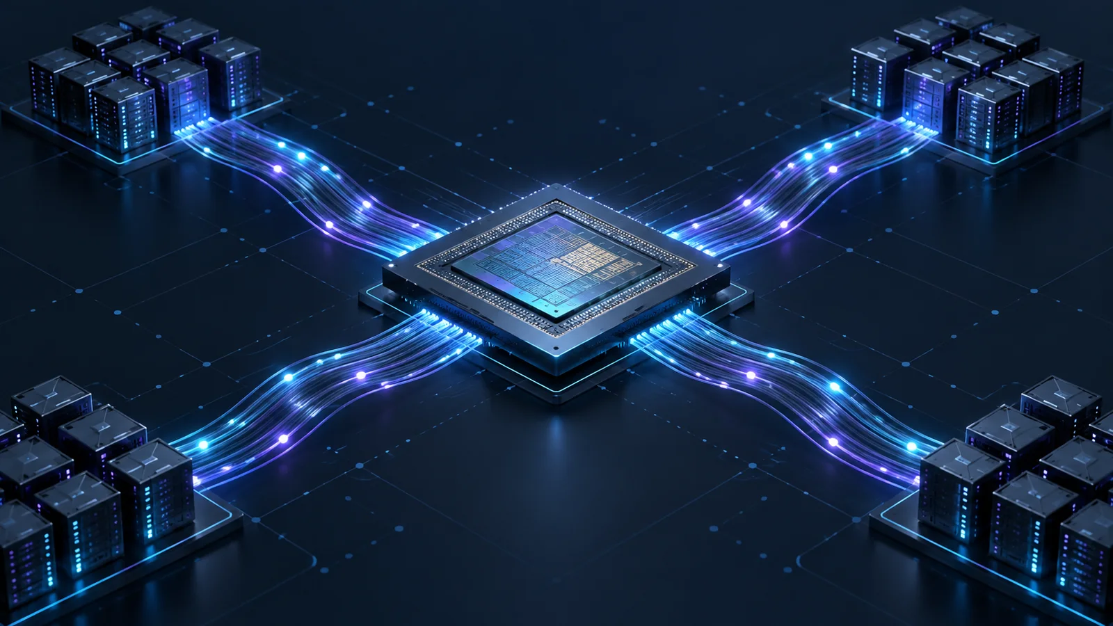 Conceptual central semiconductor chip with luminous optical-fiber paths connecting four abstract compute clusters.