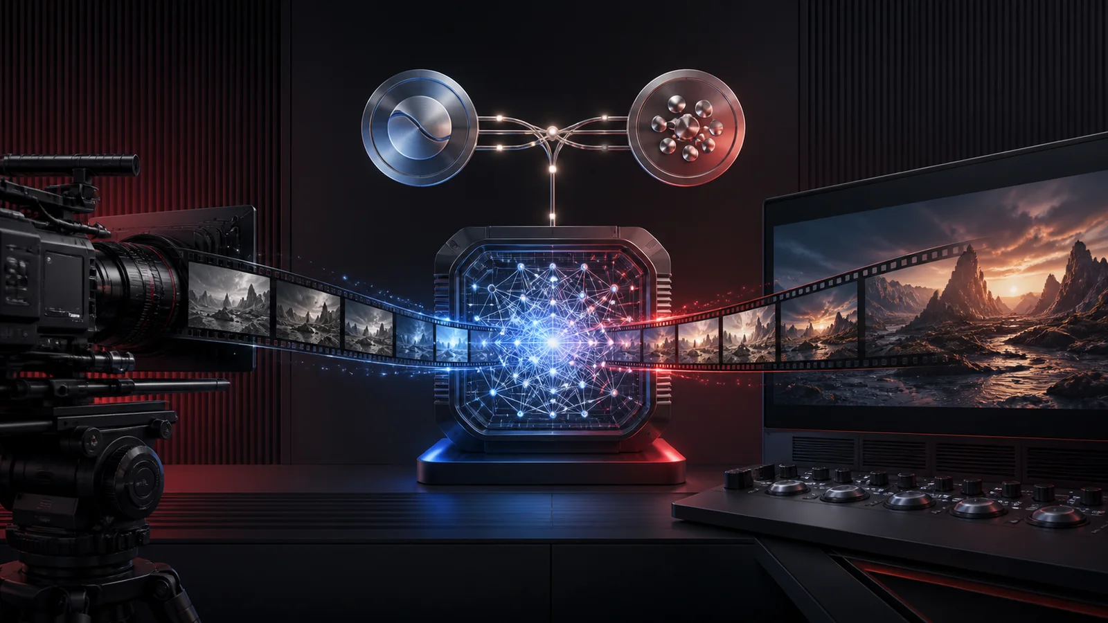 An unbranded cinema camera feeds film frames through a glowing neural-network processor toward a post-production monitor.