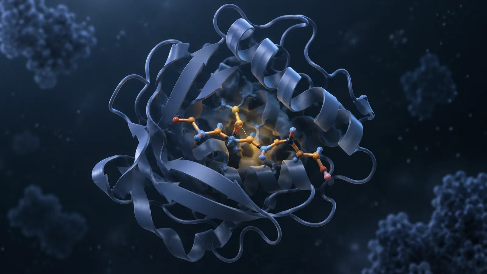 Conceptual illustration of a folded protein surrounding a short peptide-like molecular chain at a highlighted active site.