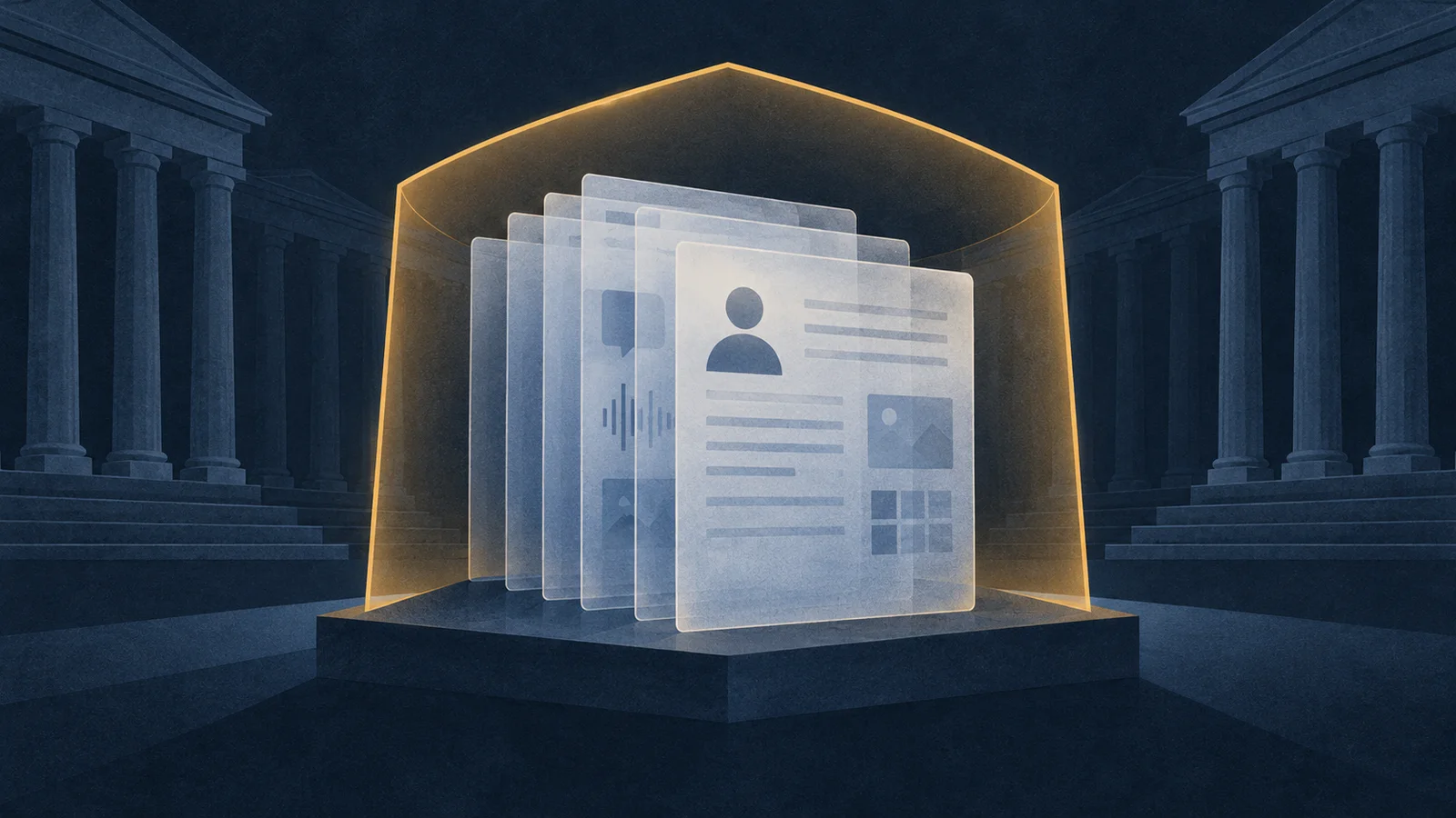 Editorial illustration of translucent data records, including a generic profile icon, inside an amber protective enclosure before courthouse columns.