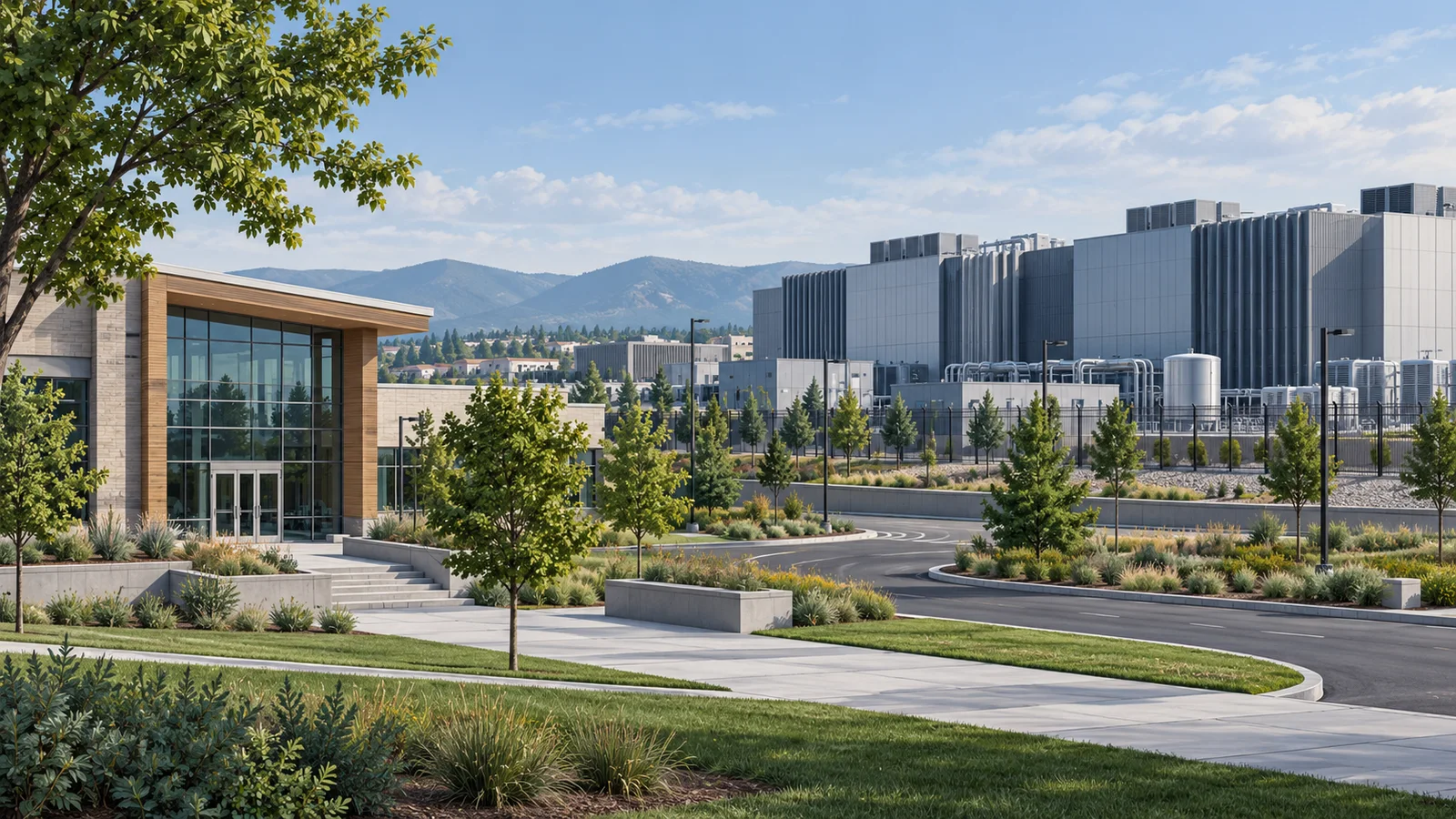 Unbranded community training building and landscaped grounds beside a modern data-center campus.