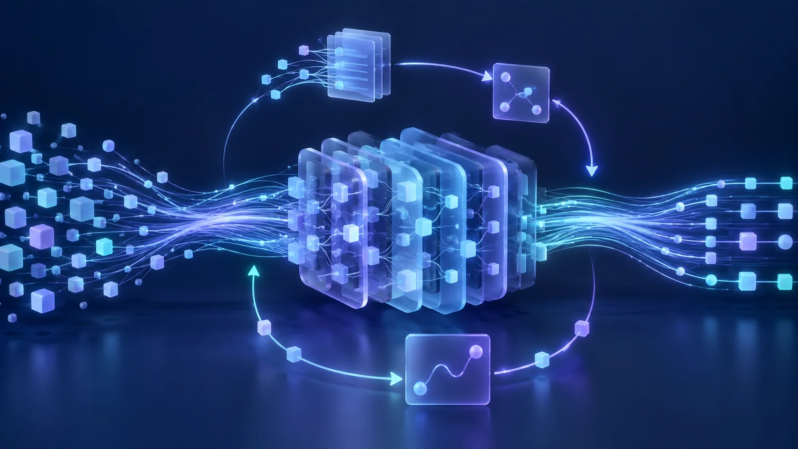 Abstract luminous model layers connected to flowing data paths and a circular training loop.