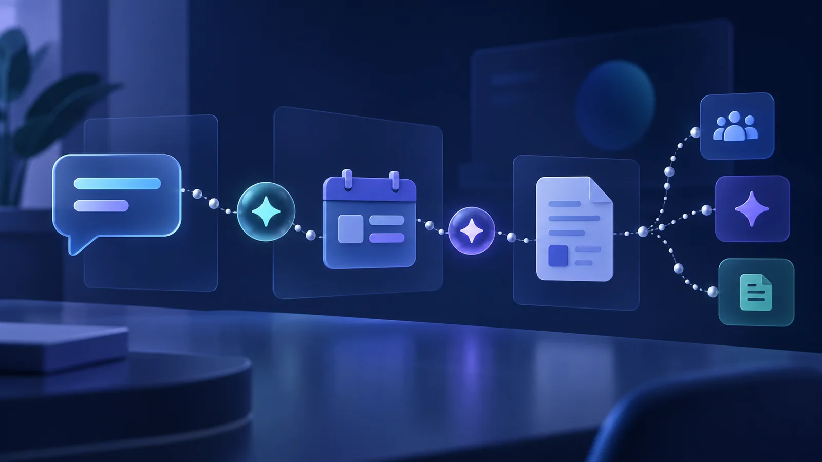 Abstract blue editorial illustration of a message, calendar, document and team icons linked by a flowing chain of nodes.
