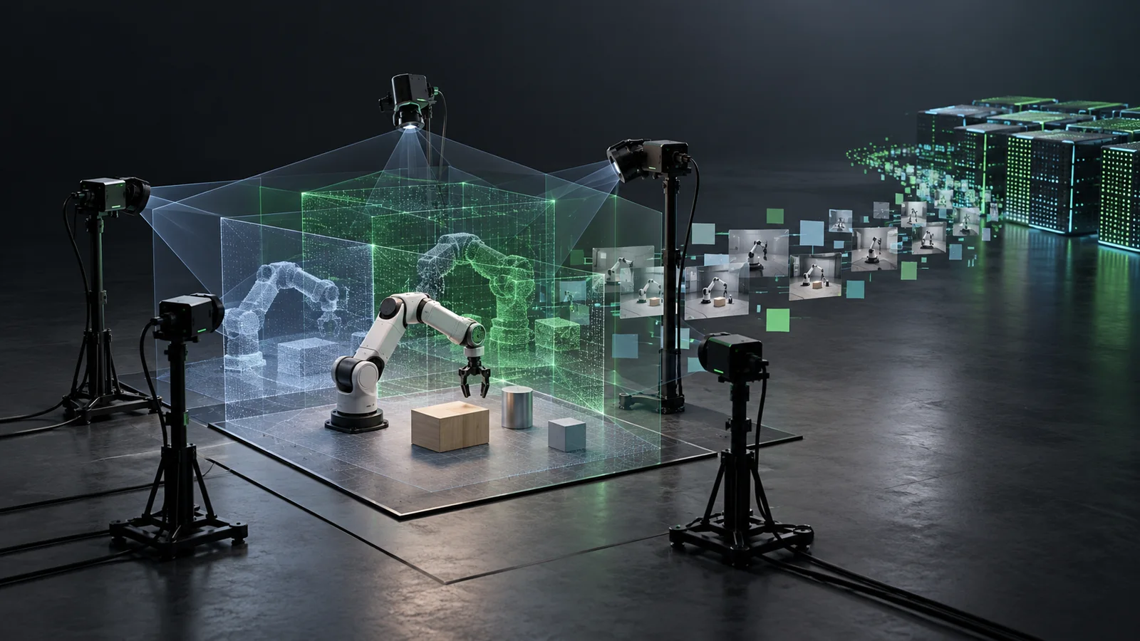 Editorial illustration of a robotic arm inside a multi-camera capture rig, surrounded by translucent simulation layers and image tiles leading to a compute grid.