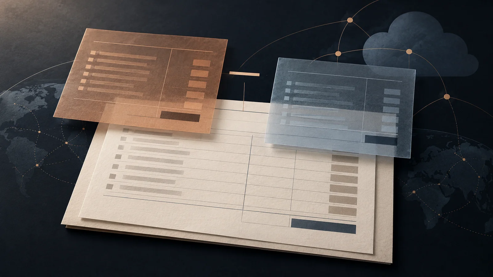 Layered paper ledgers and translucent accounting sheets over cloud-network lines, illustrating gross-versus-net revenue presentation.