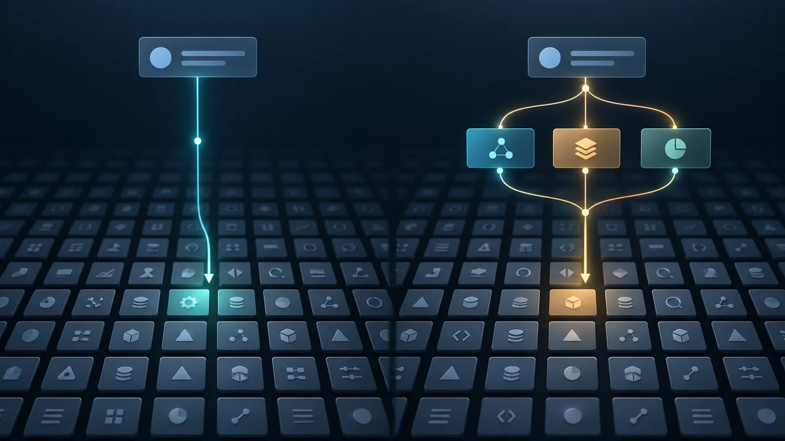 Conceptual illustration comparing a single direct path and a branching plan-first path through a grid of tool tiles.