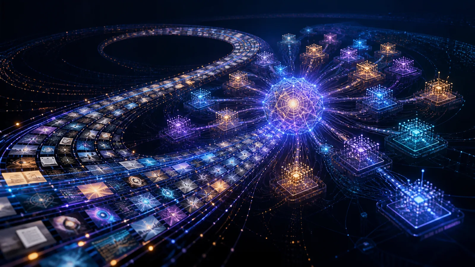 An abstract luminous neural core routes streams of document, image, video and code-like tiles among distributed processing modules.