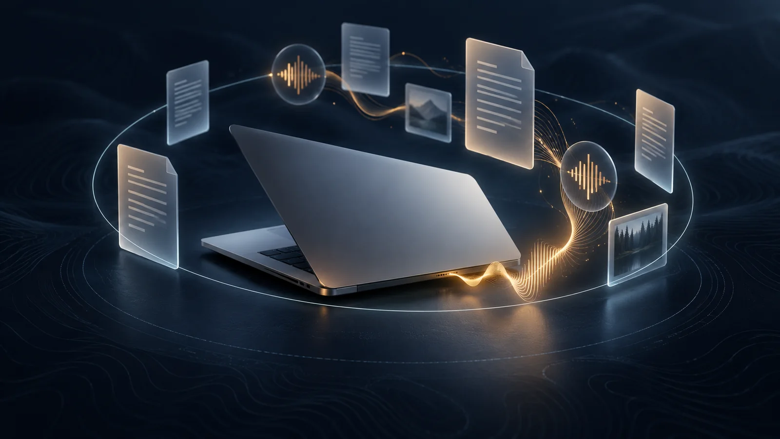 Conceptual illustration of a silver laptop encircled by audio waveforms and local document and photo cards.