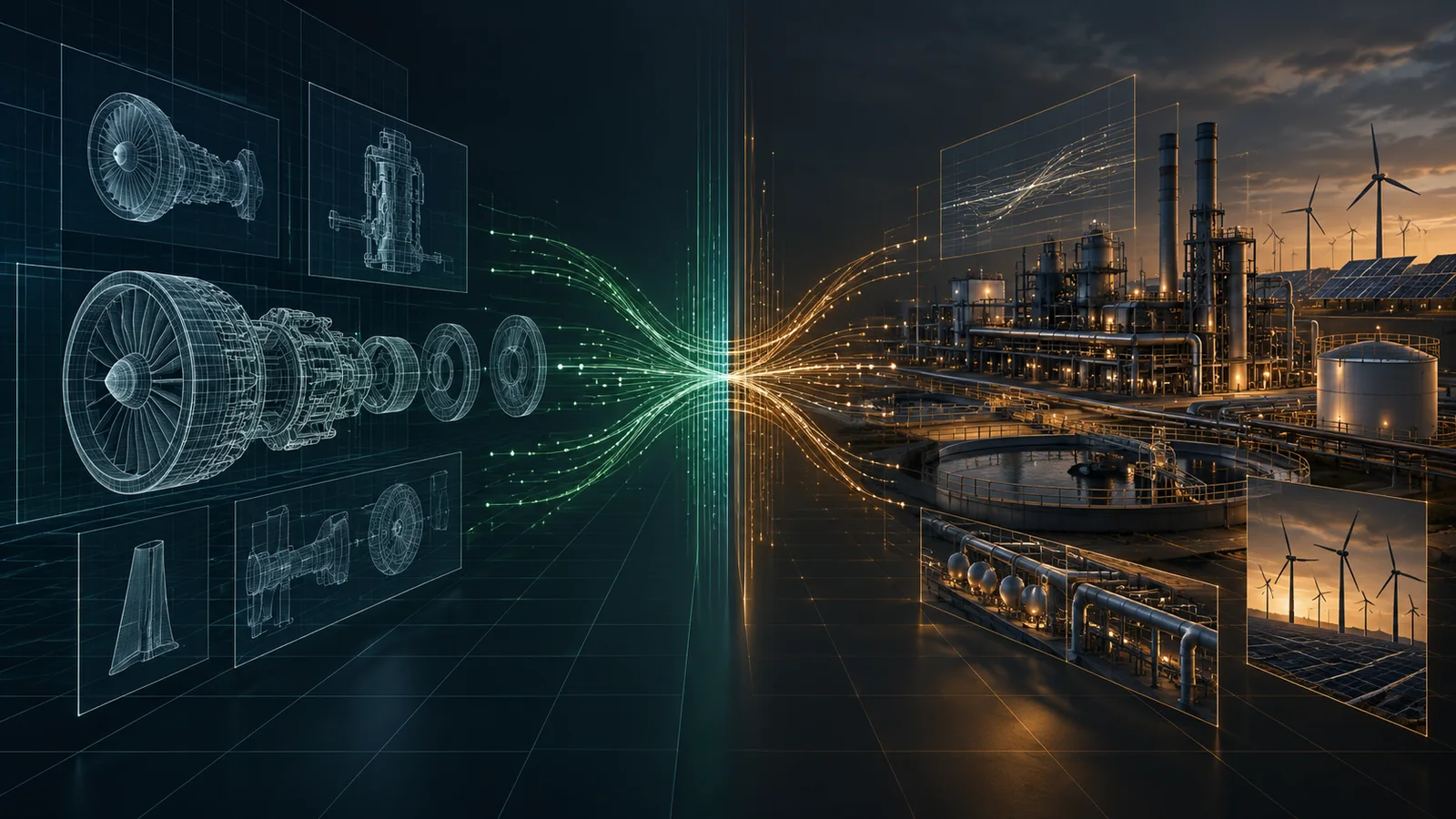 Editorial illustration showing blueprint-style product designs and industrial energy operations joining through green and amber data paths.