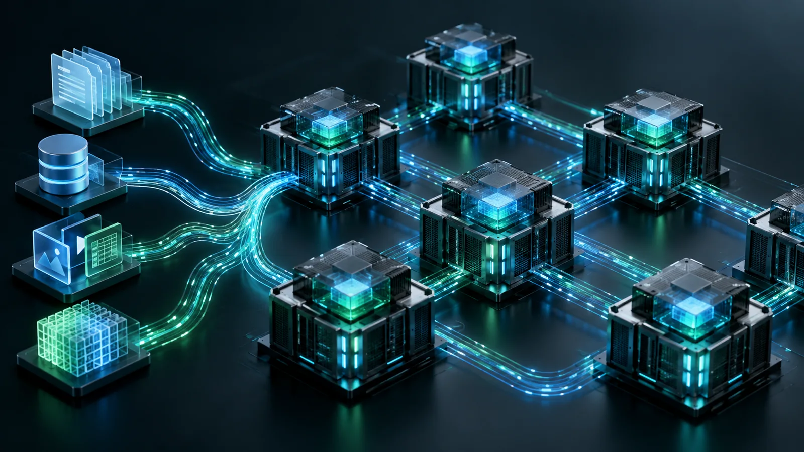 Conceptual illustration of interconnected compute modules receiving structured data inputs through illuminated network paths.