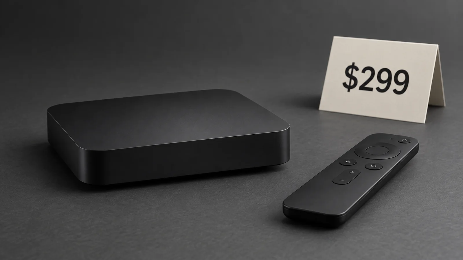 An unbranded black streaming box and remote beside a physical price card reading $299.