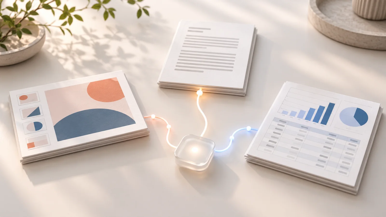 Conceptual illustration of presentation slides, a text document, and a data sheet connected to an automation node.