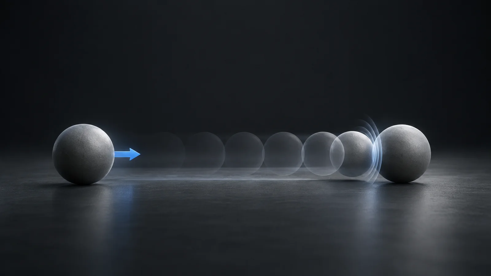 Two unbranded gray spheres with one blue initial-motion arrow, translucent future positions and a subtle collision ripple.