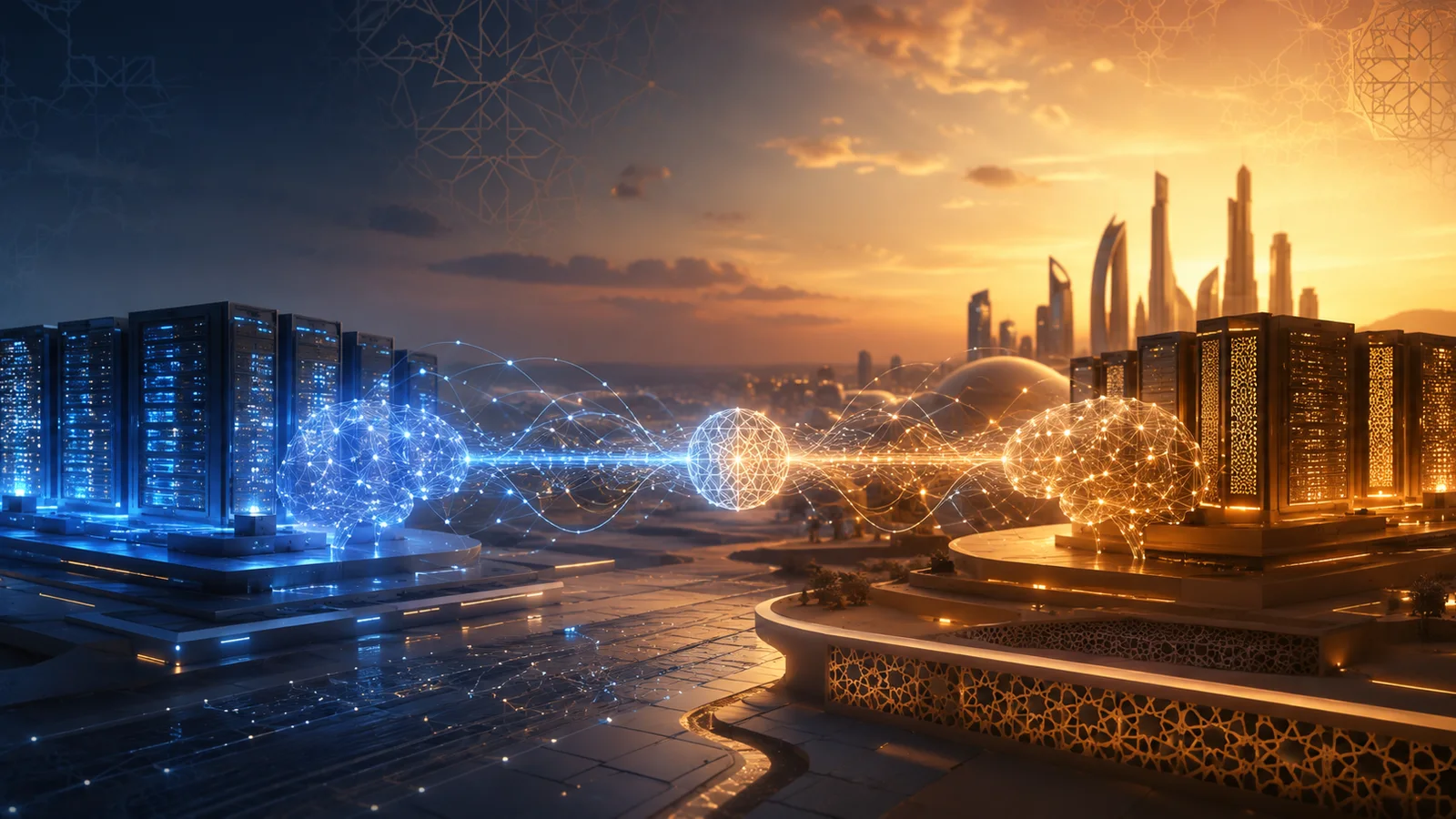 A blue data-center cluster and an amber data-center cluster face each other across connected glowing neural-network forms, with a stylized Middle Eastern city skyline in the background.