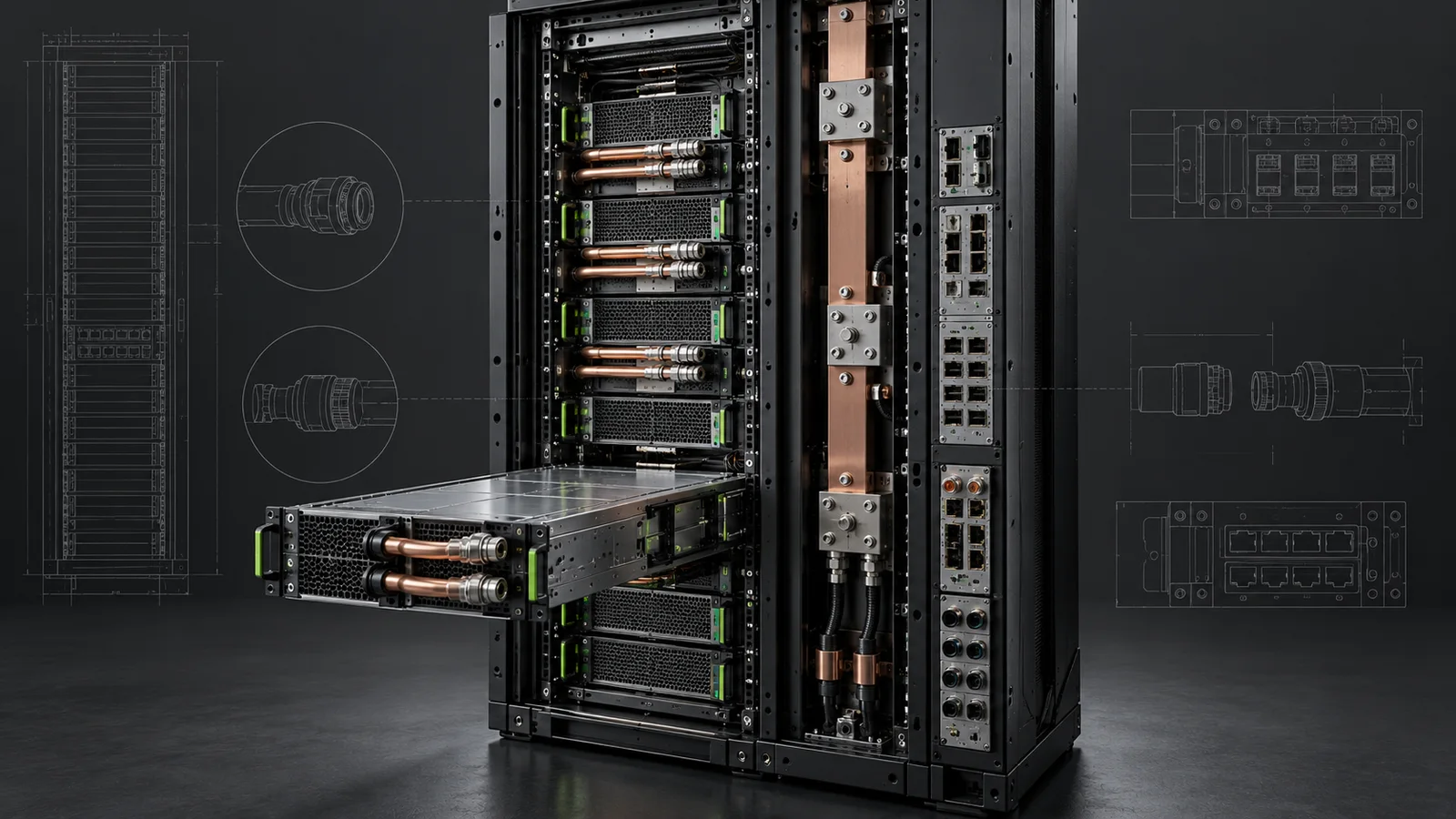 Editorial technical illustration of a liquid-cooled AI compute rack with an extended compute tray, cooling couplings, power busbar and modular I/O bays.