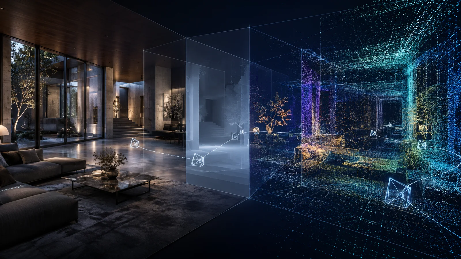A modern room transitions through translucent depth layers into a cyan and blue point-cloud reconstruction, with geometric camera markers connected along a viewing path.