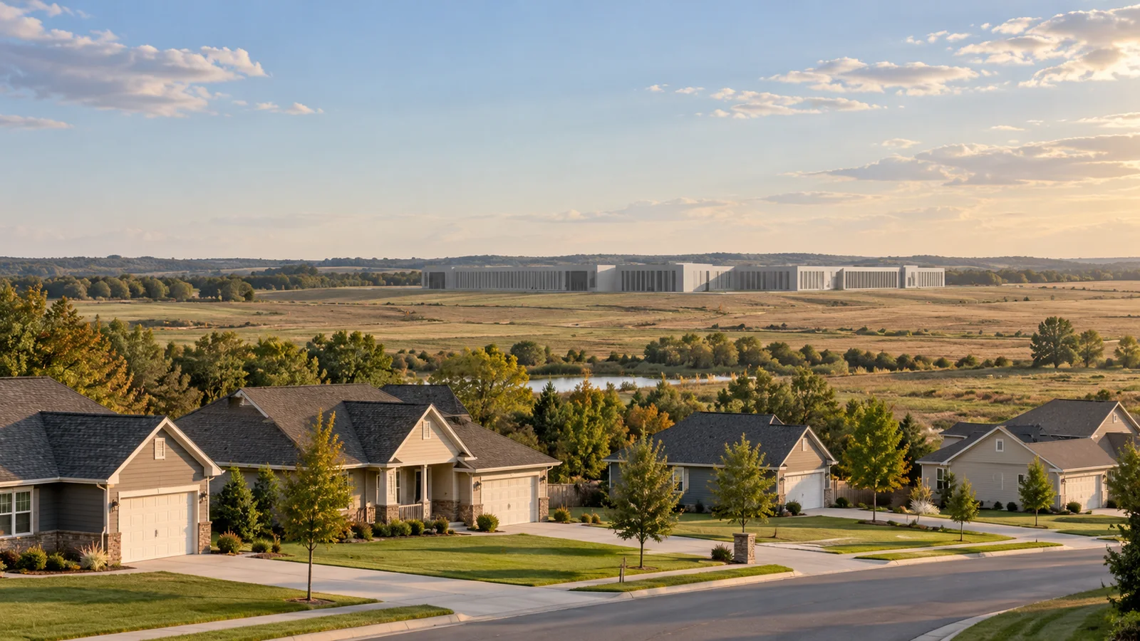 Conceptual illustration of homes in the foreground with a planned data-center campus across open land in the distance.