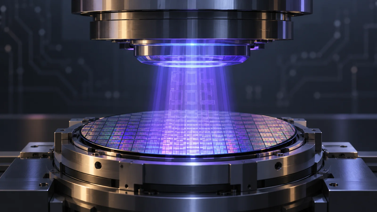 Generated conceptual illustration of a patterned silicon wafer beneath a metallic optical assembly with violet-blue light.