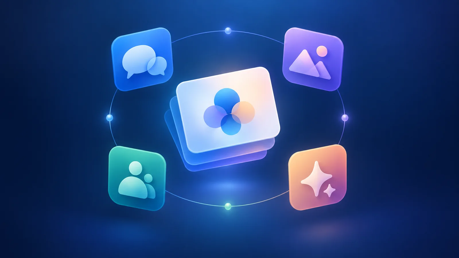 An abstract subscription card connects four non-branded tiles representing conversation, images, people and creative AI tools.