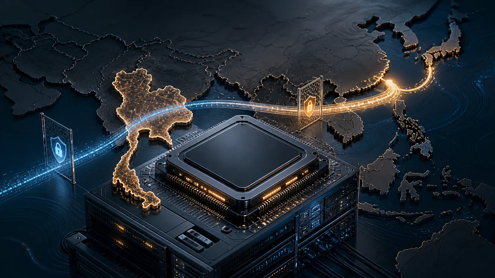 An illustrated accelerator chip and server hardware sit over a dark map of East and Southeast Asia as glowing data routes pass through Thailand and access-control barriers.