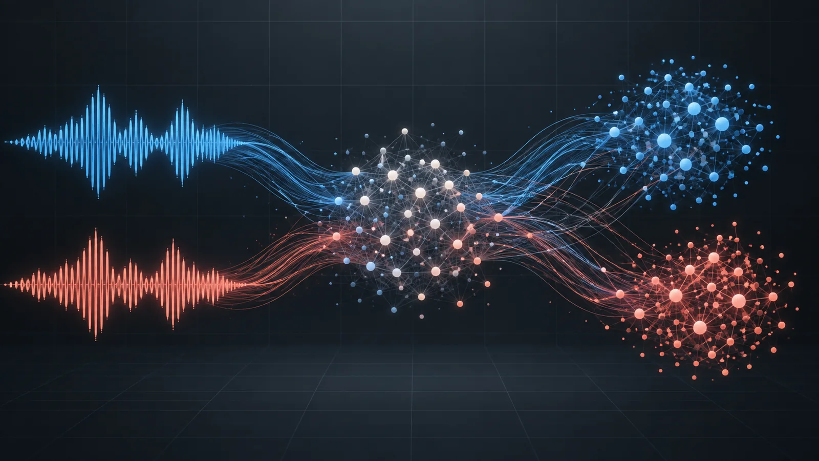 Two blue and coral speech-waveform streams enter a shared field of connected nodes, then flow toward distinct but partially connected clusters.