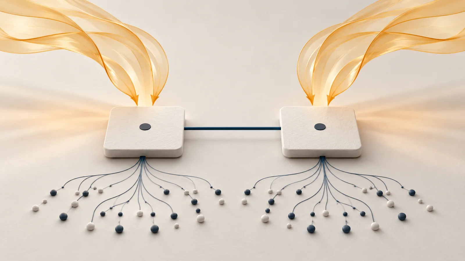 Two matching white decision tiles connected by a level navy line, with paired amber pressure streams above and branching navy evaluation paths below.