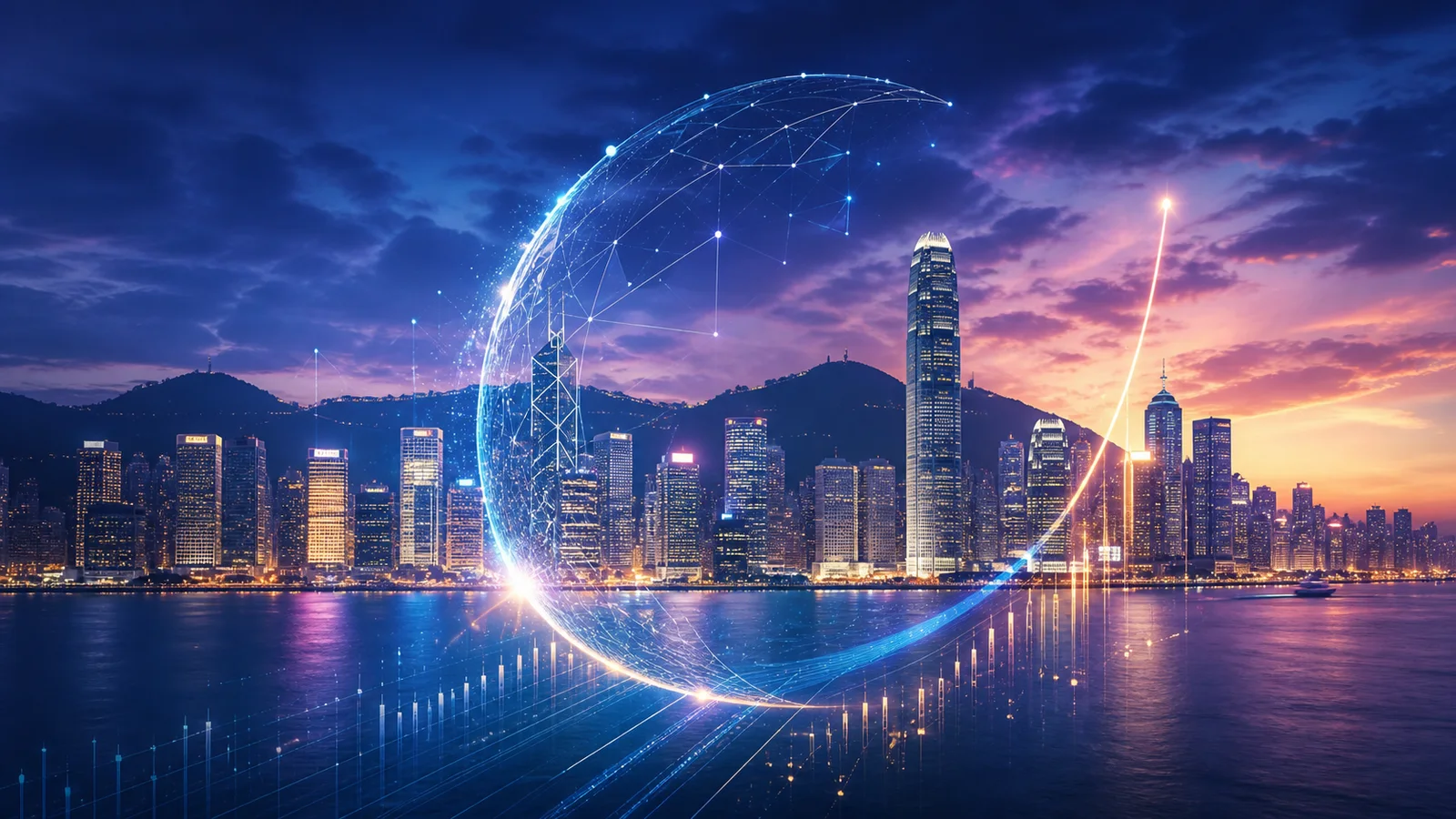 Stylized Hong Kong harbor skyline beneath a glowing arc of connected data nodes and an upward light trail.
