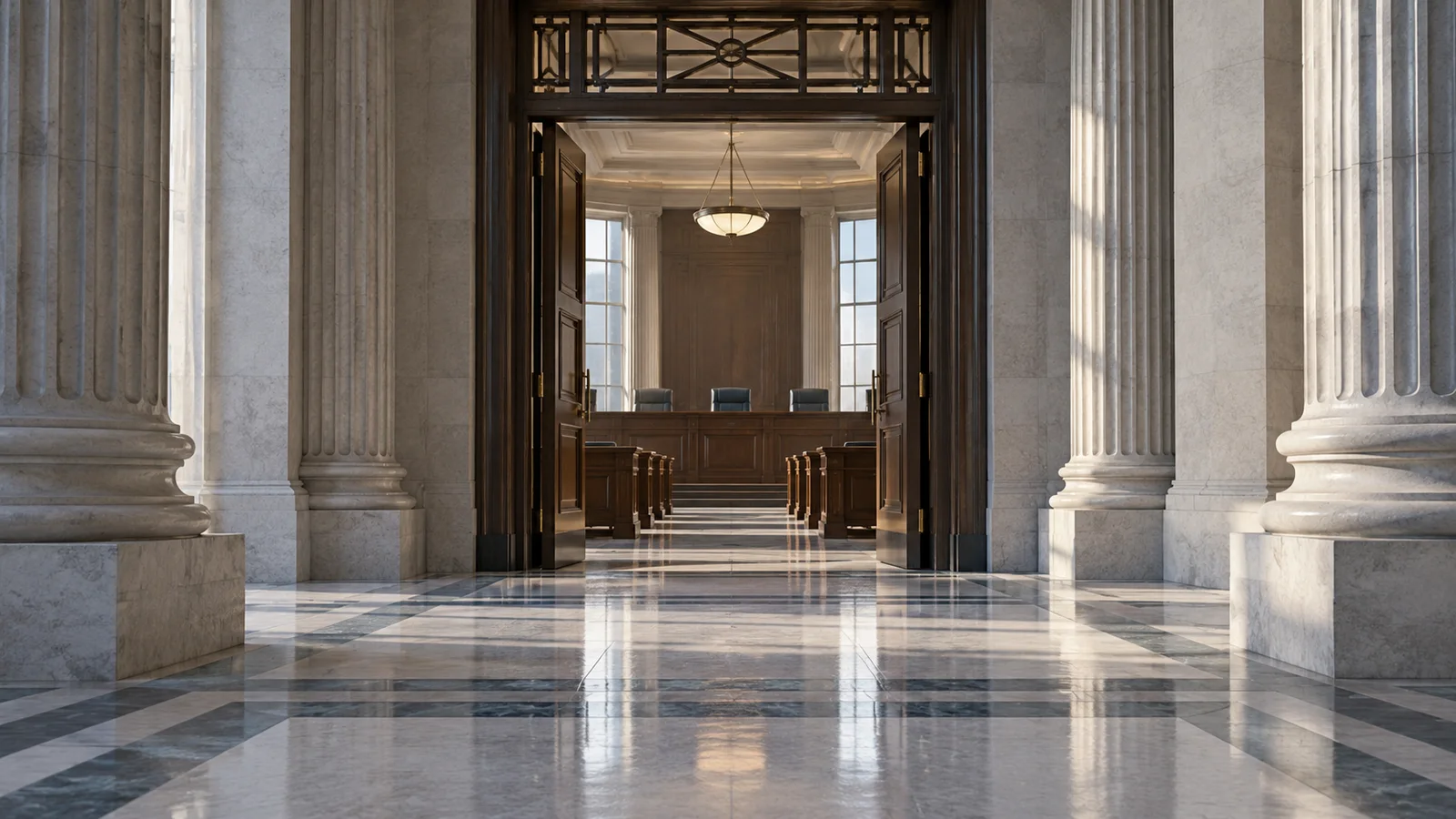 An empty, columned courtroom interior viewed through an open doorway, with no people or text.