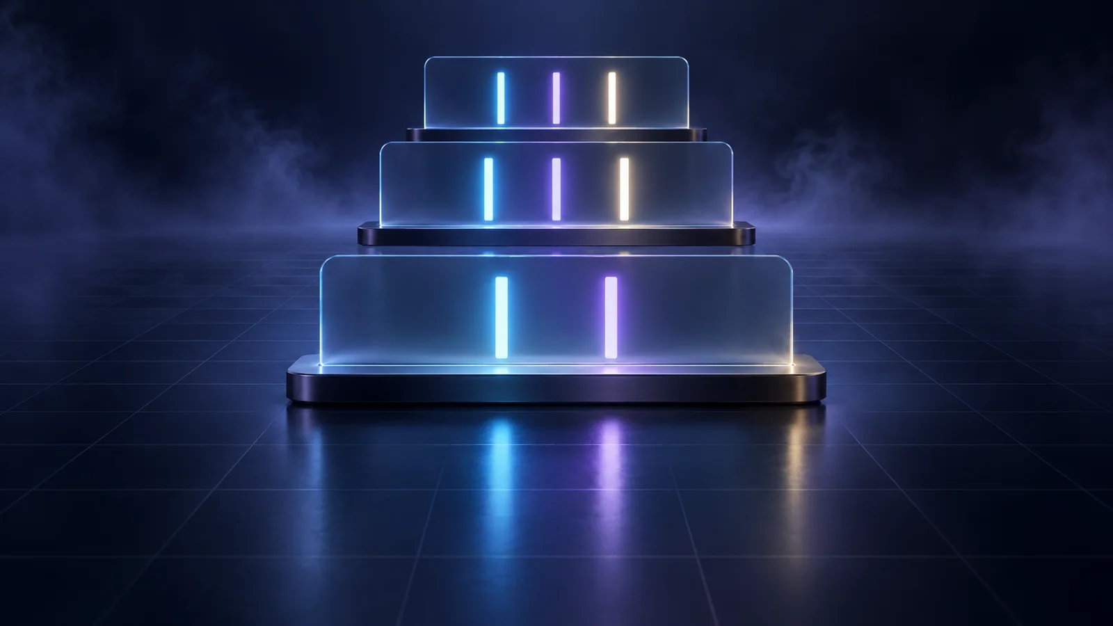 Conceptual illustration of three translucent illuminated access panels with colored light bars, arranged as tiered levels against a dark indigo grid.