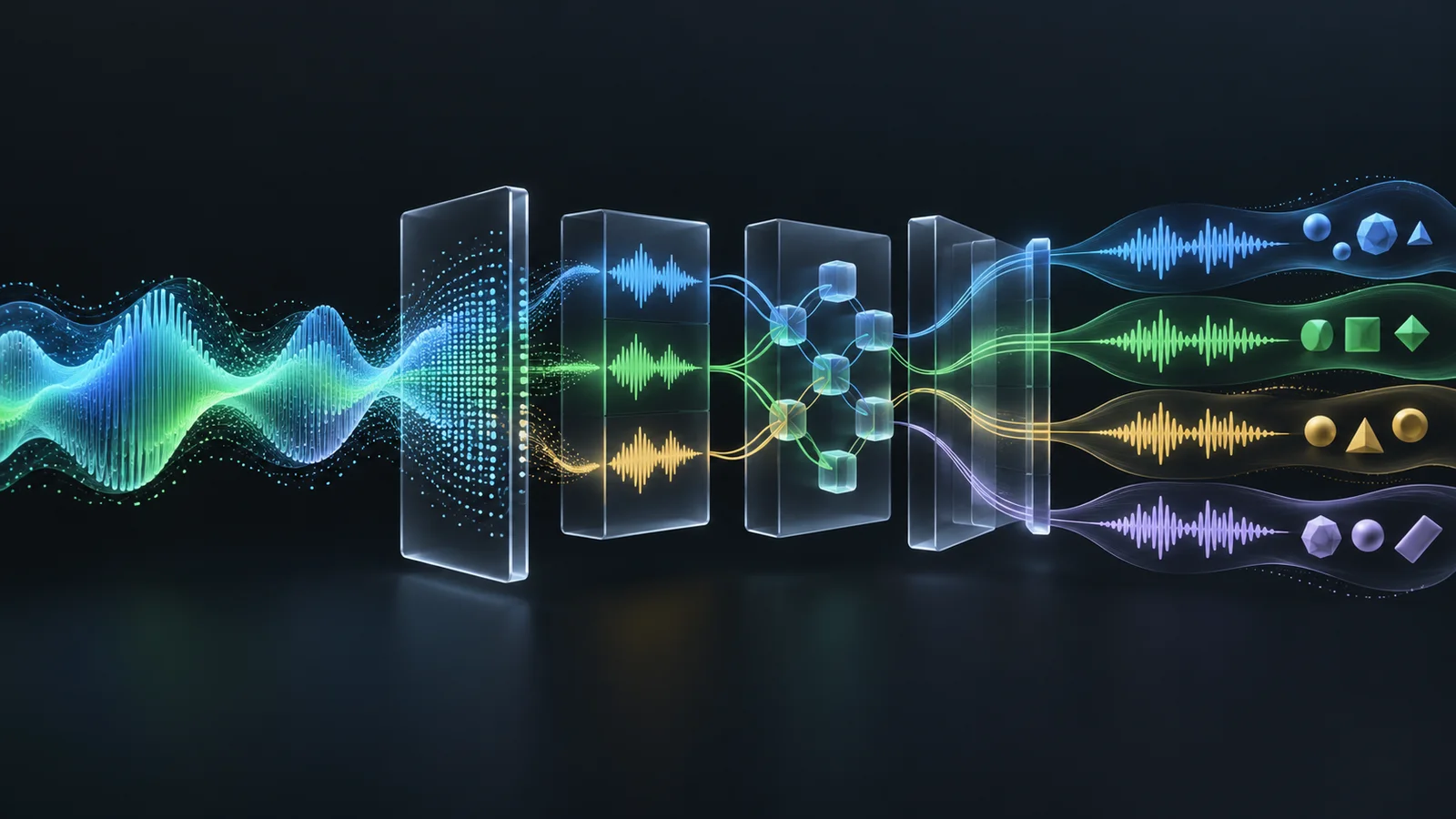 A luminous audio waveform moves through glasslike processing layers and branches into four colored waveform tracks.