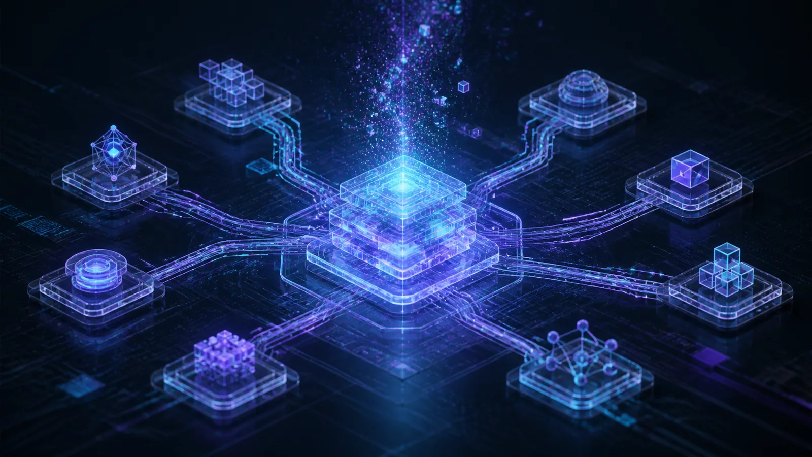 Abstract glowing computational core connected to modular nodes in a dark technical environment