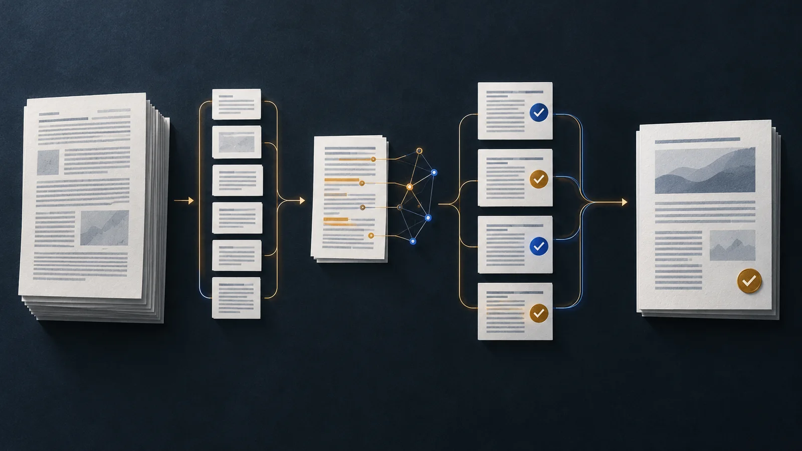 Conceptual editorial illustration of a technical document moving through segmented review panels, parallel analysis paths and a consolidated report.