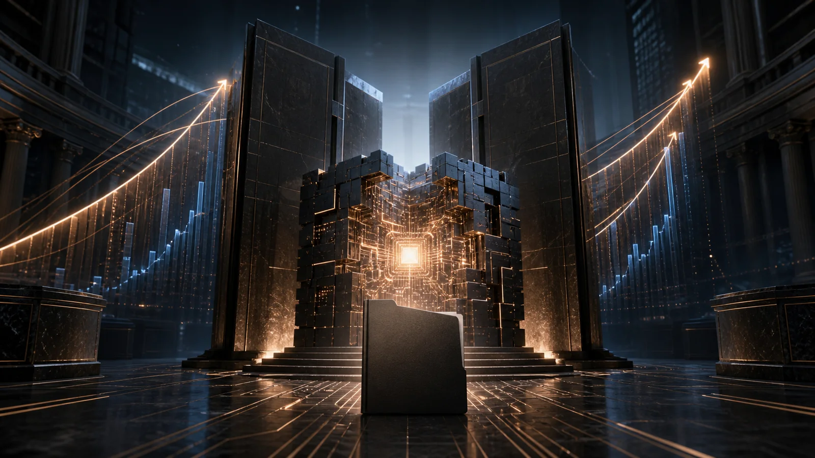 A blank filing folder stands before a glowing geometric AI-compute core surrounded by rising market graphs.