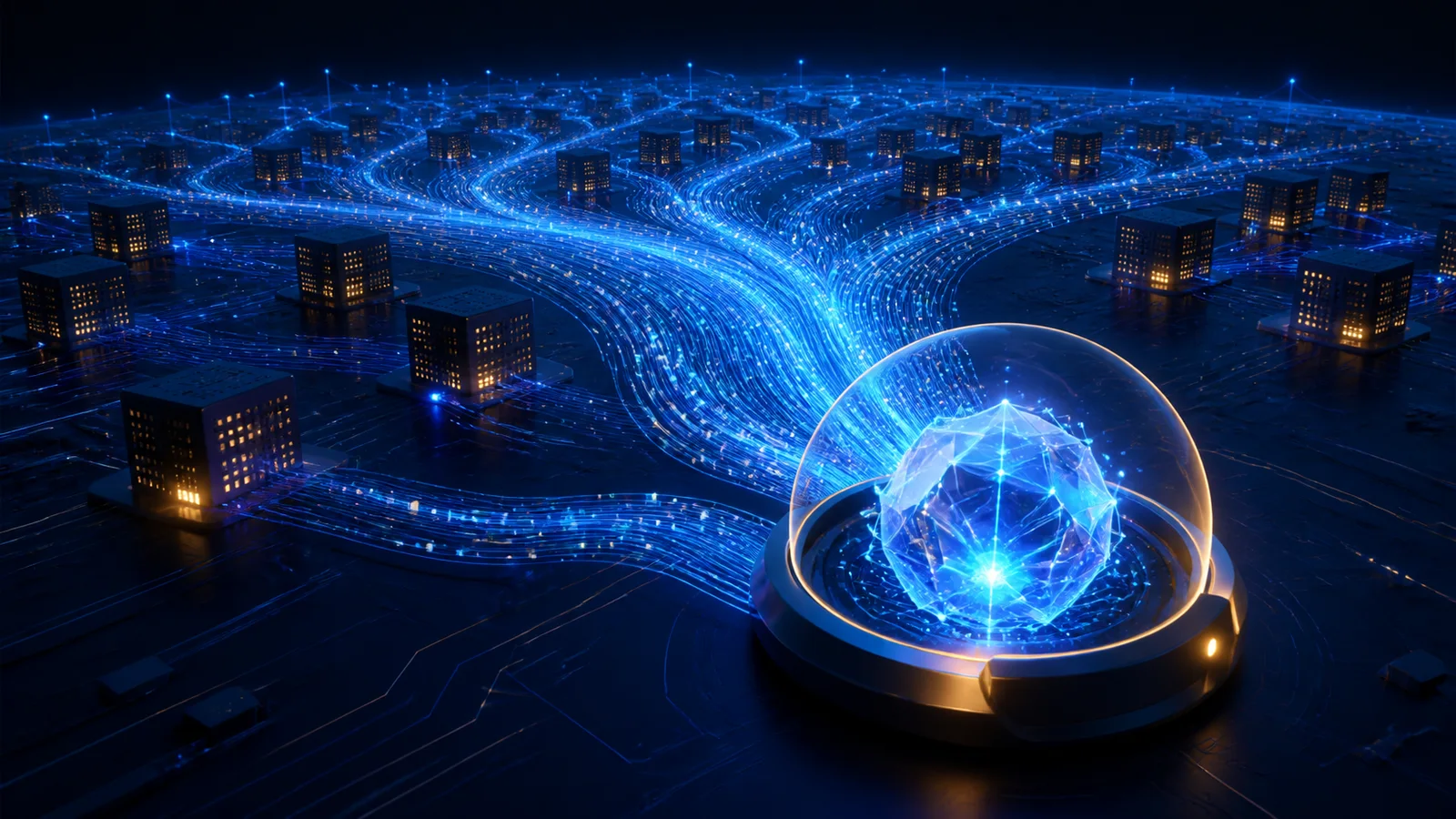 A luminous faceted AI core in a protective cradle receives streams of blue data from a landscape of distributed compute nodes.