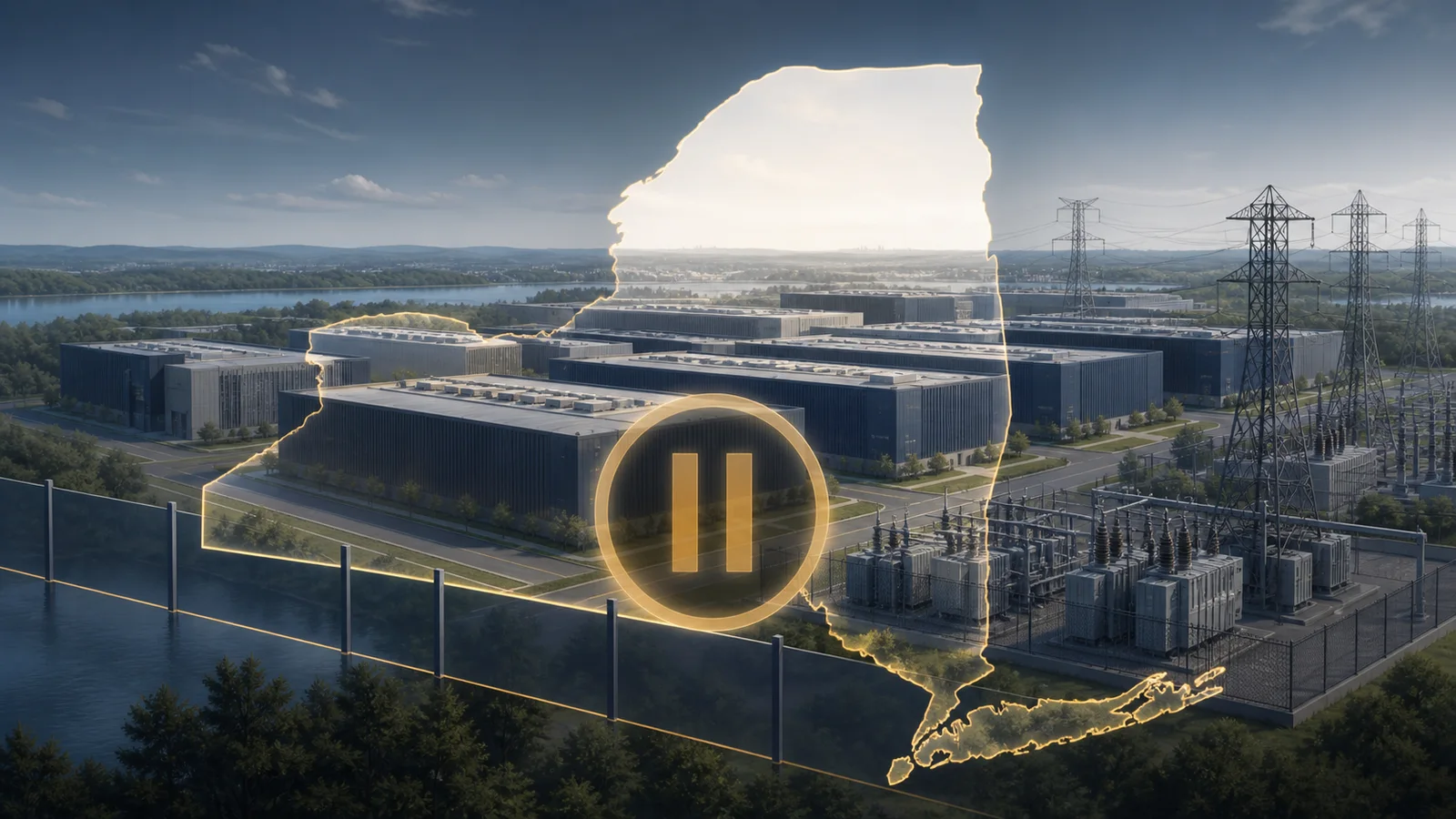 Editorial illustration of a hyperscale data center and electrical grid framed by a glowing outline of New York State and a pause symbol