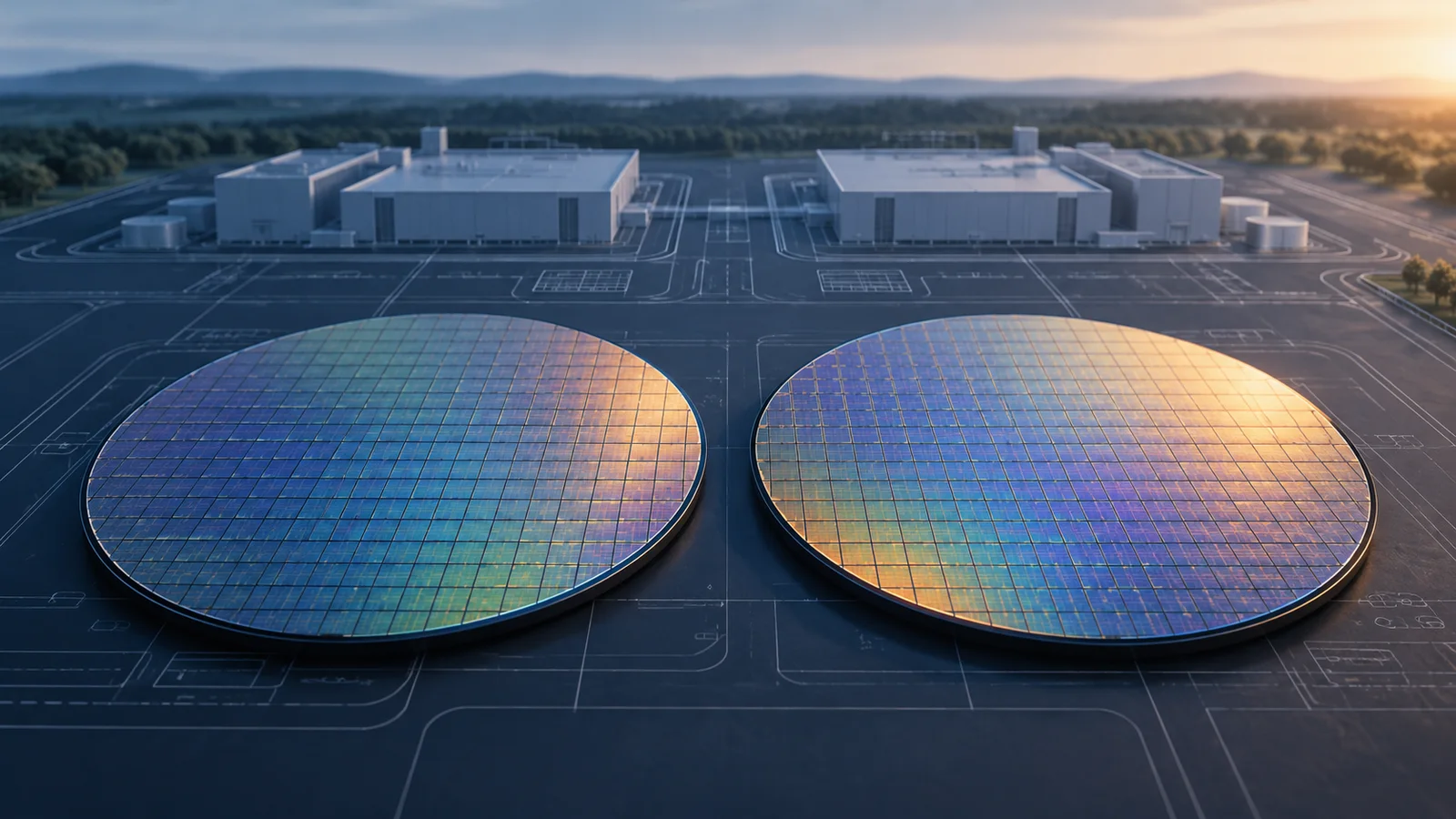 Conceptual illustration of two unbranded silicon wafers over a site-plan grid, with generic planned semiconductor-fab forms behind them.